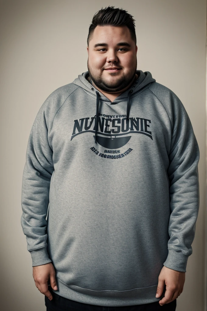 Fat guy with tattoos who has a sweatshirt that has text that literally says nonsense