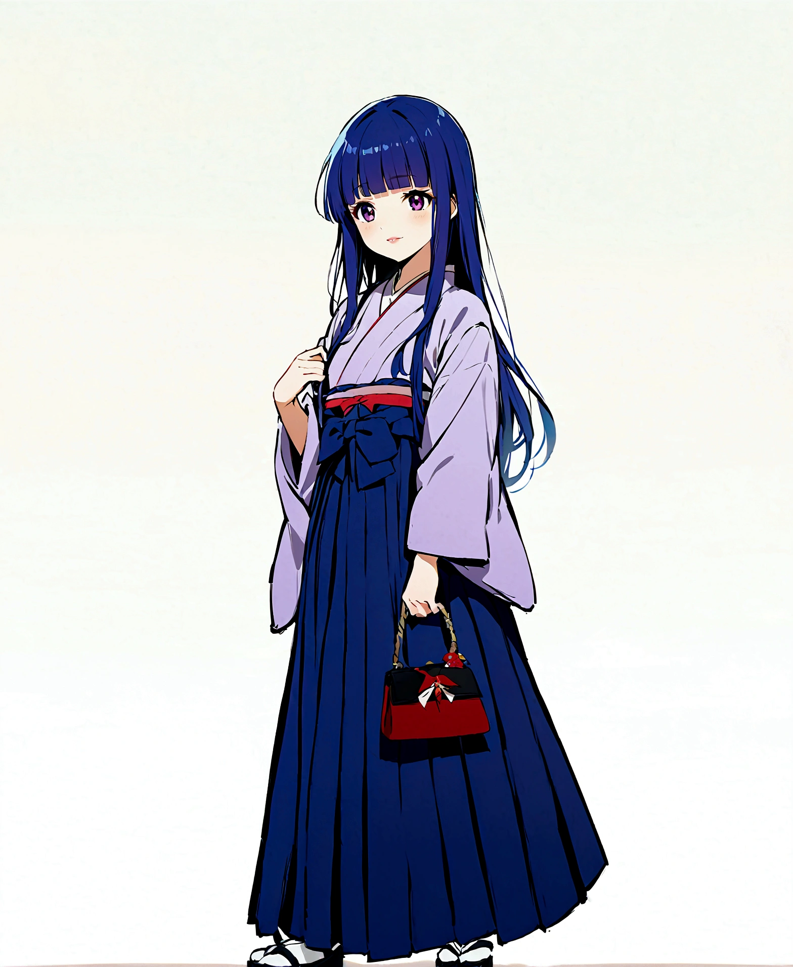 One Girl, alone, Full Out Rika, cute, Blue Hair, Purple eyes, Long Hair, blunt bangs, bangs, 
skirt, simple background, brown eyes, japanese clothes, kimono, bag, lips, hakama, hakama skirt, handbag