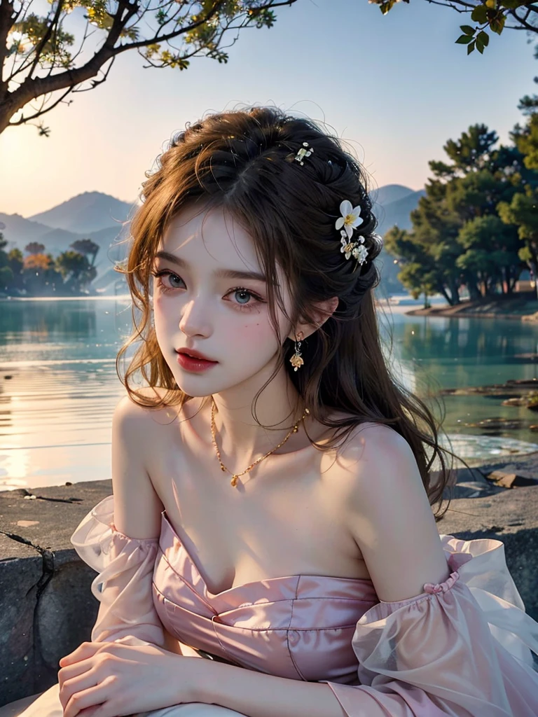 Masterpiece, Best quality, high resolution, realistic , hyperrealism , lifelike photography ,2024s, , alluring beautiful full body shot, (curly blondish brunette long hair, blue cat-shaped eyes), white skin with freckles, beautiful short cut naughty dress with flower embroidery and details , beautiful golden  necklaces & bracelets, elegant bearing, beautiful landscape background of a rose & lilac & orchid garden, high budget , beautiful mesmerizing face and small nose, long and curly sparkling hair , holding a beautiful orange stray cat , clivage , sunset , pink clouds , yellowish red rays at the horizon, elegant posing, beautiful legs, fit body, gorgeous Russian woman standing and naughty posing at the lagoon shores, back shot, side shot , front shot, blue lagoon , full body shot at the frame , naughty smile ,