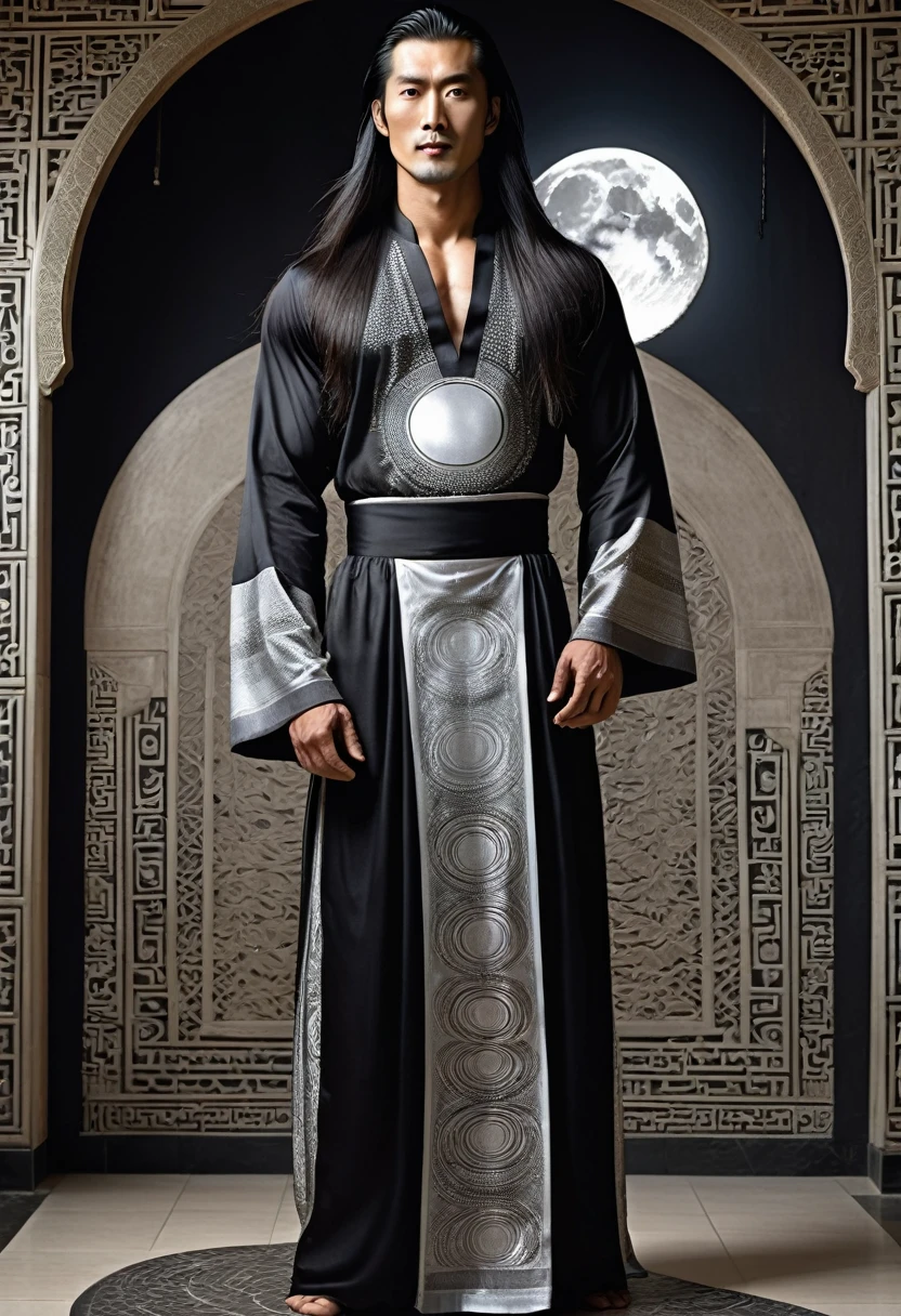 huge sexy masculine inflated tall man with long flowing straight hair in full height with open eyes, Looking Forward, on his face there are two black stripes on his cheeks - the moon god, Asian appearance, topless, in a floor-length silver skirt, semicircular patterns on clothes, depicting the moon, Covered with a black canopy, in black clothes, semicircular symbols on clothes    
In the temple with Arabic architecture 