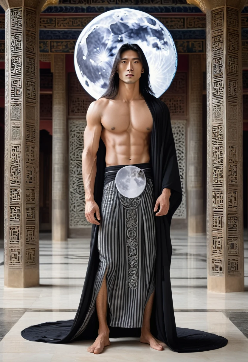 huge sexy masculine inflated tall man with long flowing straight hair in full height with open eyes, Looking Forward, on his face there are two black stripes on his cheeks - the moon god, Asian appearance, topless, in a floor-length silver skirt, semicircular patterns on clothes, depicting the moon, Covered with a black canopy, in black clothes, semicircular symbols on clothes    
In the temple with Arabic architecture 