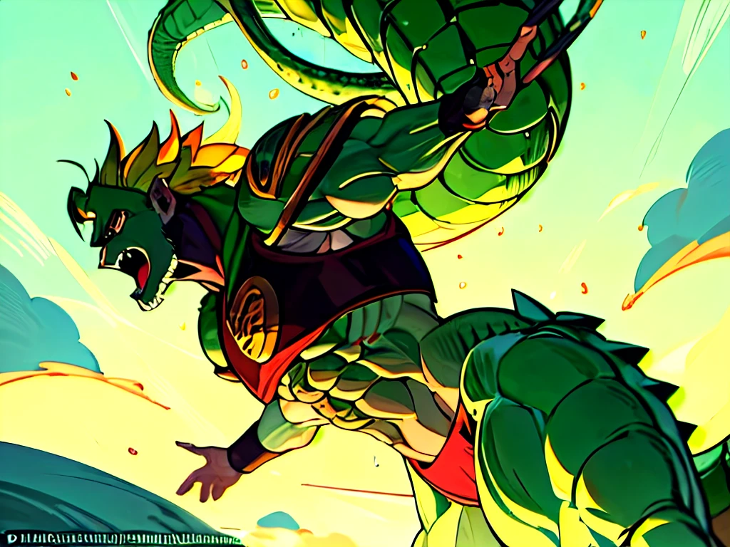 **Nome:** Draeghar, o Braseiro Verde

**Physical description:**
Draeghar is a barbarian class dragonborn, belonging to the brass breed. Your body is robust, covered in golden scales that glisten in the sunlight. Ele possui uma altura imponente de 1,95 meters and a long, muscular tail that trails behind him. His face resembles that of an alligator, com olhos penetrantes e presas afiadas, typical characteristics of a dragon.

**Clothing:**
Draeghar veste uma saia verde feita da pele de um animal semelhante a um urso, lembrando o estilo usado por Broly em Dragon Ball Super. Sobre seus ombros, ele usa uma capa com capuz verde escuro, adorned with the symbol of the two swords of the Survey Corps from the Attack on Titan series.