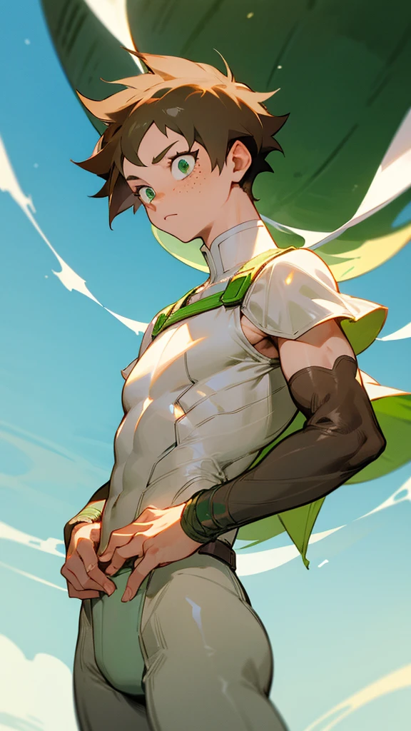 A boy with short fluffy light brown hair with light green eyes with freckles and long eyelashes Buko no hero academia style With provocative clothes Standing calmly With tits