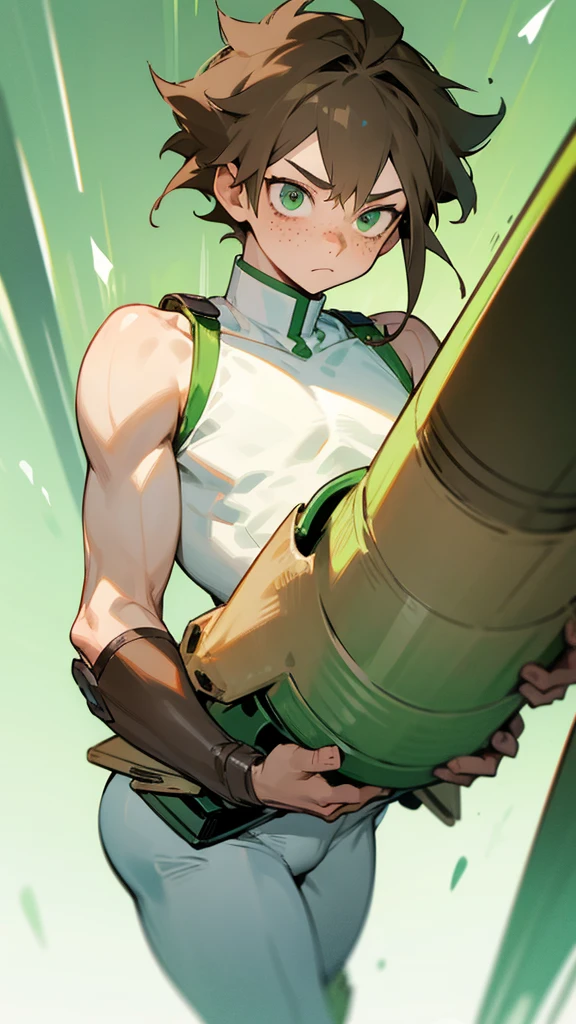 A boy with short fluffy light brown hair with light green eyes with freckles and long eyelashes Buko no hero academia style With provocative clothes Standing calmly With tits