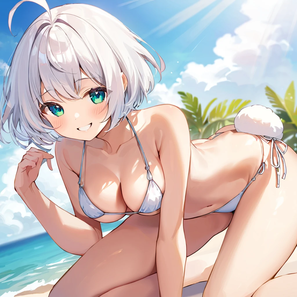 female, elf, short hair, white hair, cute, masterpiece, tease, looking at viewer, bikini, smirking, sexy