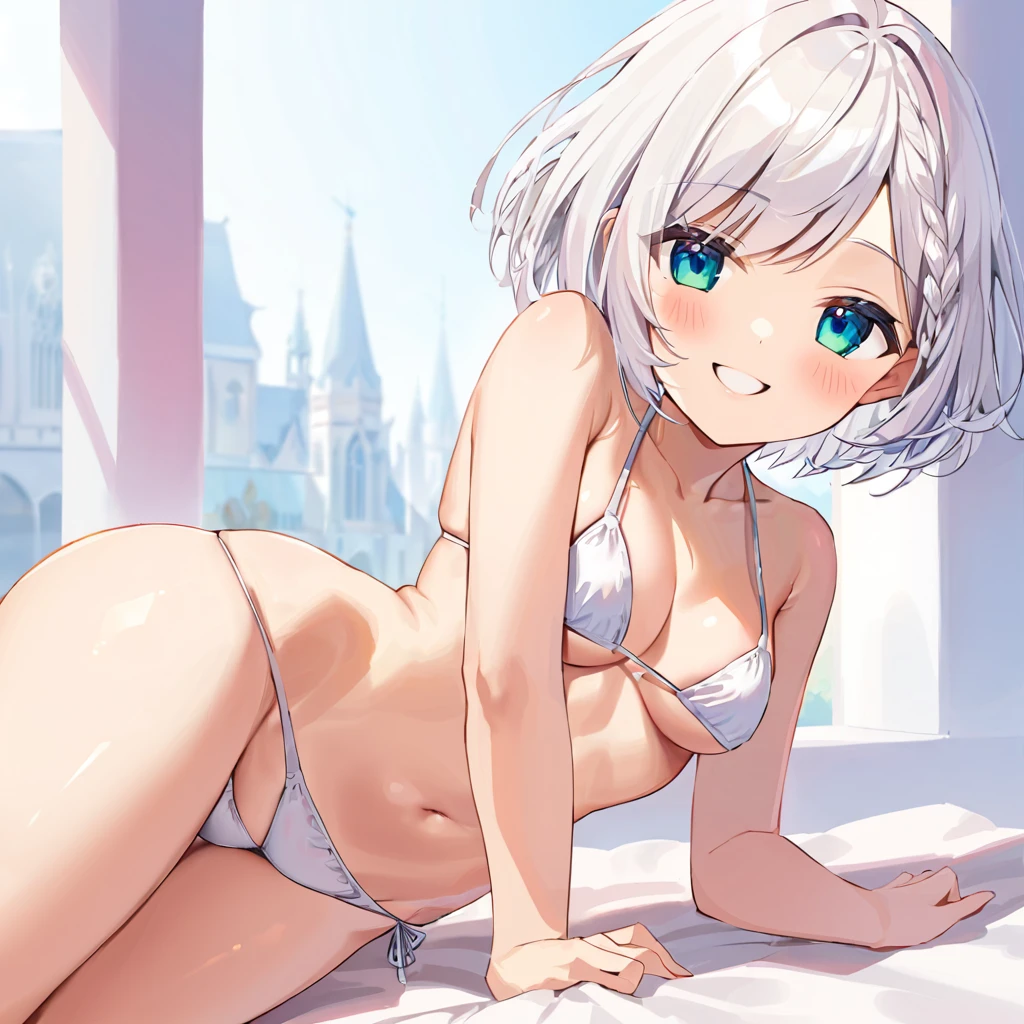 female, elf, short hair, white hair, cute, masterpiece, tease, looking at viewer, bikini, smirking, sexy