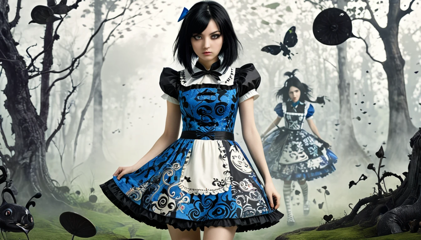 1girl, expressive black eyes, black hair, black patterned clothes dress ready for the battle, in wonderland, Yamada Akihiroi style, Ink Dyeing style, American McGee's Alice style