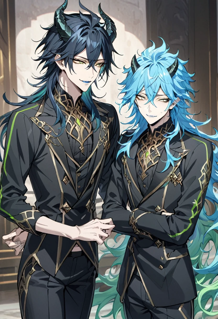 (Masterpiece), (best quality), ((super-detailed)), ultra-detailed face, cowboy shot, a cool boy, good-looking guy, handsome man, masterpiece, best quality, (1nd boy, malleus draconia \(twisted wonderland\) horns, bishounen, boy, male, long hair, black hair, yellow green eyes, smile, gray lips, handsome, skinny, tall, yellow green glow, anime style),  (2st boy,Idia Shroud, bishounen, boy, male, extremely long hair, blue hair, blue fire hair, wavy hair, yellow eyes, tired expression, blue lips, handsome, skinny,  geeky, blue glow, shark teeth, anime style,) 2boy, bangs, lesbian+, small breast, (looking down at another:1.5), small breasts, late teens, (look at each other:1.5), (school uniform), A 18 year old, somewhat muscular male, (Note: The human body should be accurately depicted biologically and anatomically.) Two men are hugging each , looking at viewer,