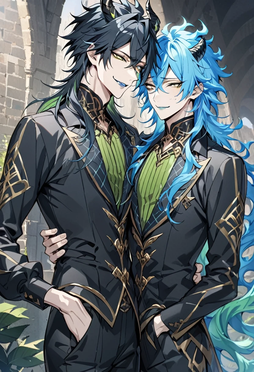 (Masterpiece), (best quality), ((super-detailed)), ultra-detailed face, cowboy shot, a cool boy, good-looking guy, handsome man, masterpiece, best quality, (1nd boy, malleus draconia \(twisted wonderland\) horns, bishounen, boy, male, long hair, black hair, yellow green eyes, smile, gray lips, handsome, skinny, tall, yellow green glow, anime style),  (2st boy,Idia Shroud, bishounen, boy, male, extremely long hair, blue hair, blue fire hair, wavy hair, yellow eyes, tired expression, blue lips, handsome, skinny,  geeky, blue glow, shark teeth, anime style,) 2boy, bangs, lesbian+, small breast, (looking down at another:1.5), small breasts, late teens, (look at each other:1.5), (school uniform), A 18 year old, somewhat muscular male, (Note: The human body should be accurately depicted biologically and anatomically.) Two men are hugging each , looking at viewer,