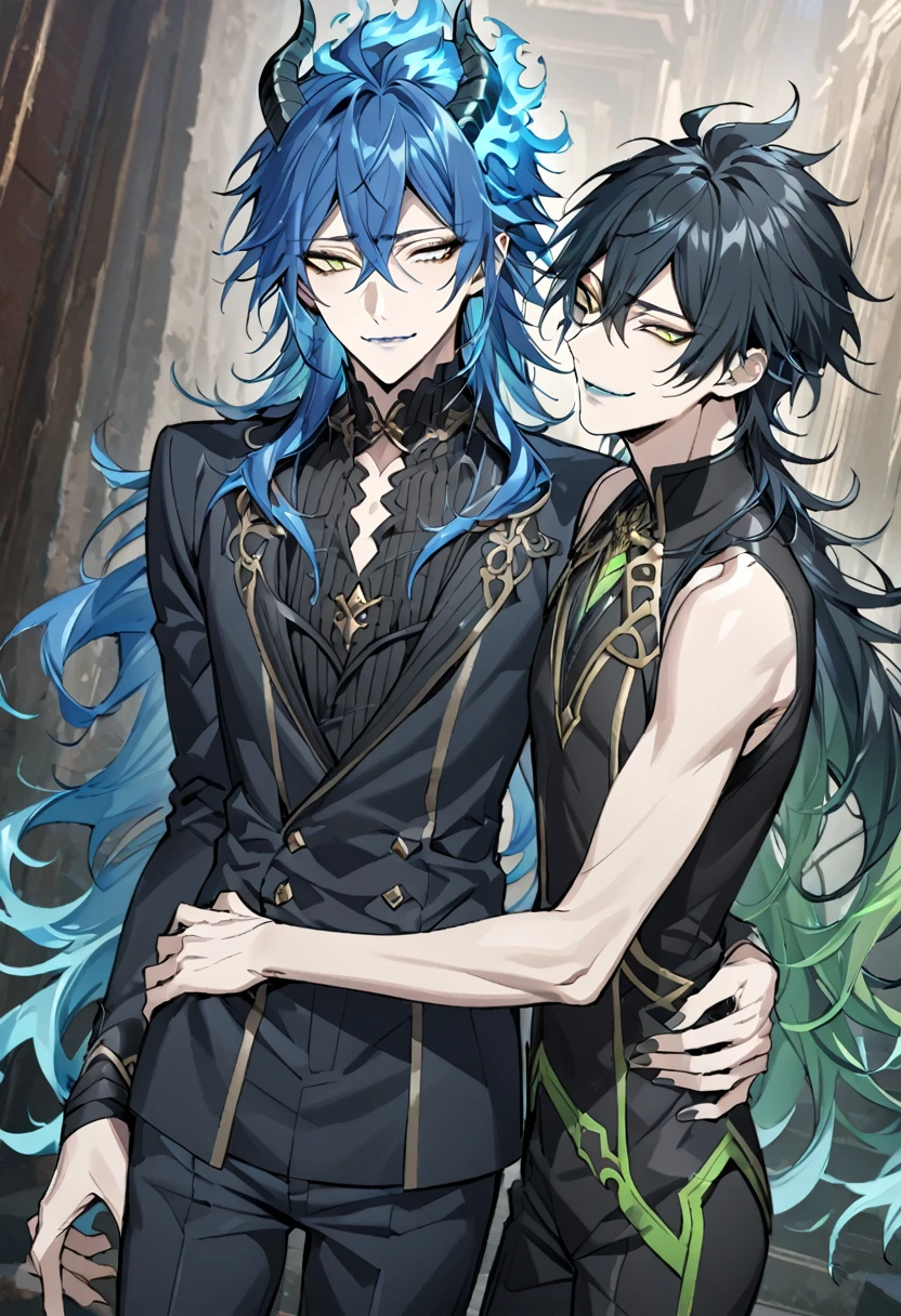 masterpiece, best quality,  full body shot, dynamic angle, bl, (1st boy,Idia Shroud, bishounen, boy, male, yana Toboso style, extremely long hair, blue hair, blue fire hair, wavy hair, yellow eyes, tired expression, blue lips, handsome, skinny,  geeky, blue glow, shark teeth, anime style,)  (2nd boy, malleus draconia \(twisted wonderland\) horns, bishounen, boy, male, yana Toboso style, long hair, black hair, yellow green eyes, smile, gray lips, handsome, skinny, tall, yellow green glow, anime style), 2boy, bangs,  (looking down at another:1.5),  (look at each other:1.5),   (Note: The human body should be accurately depicted biologically and anatomically.) Two men are hugging each,  having sex,couple, ace to face,nsfw),blush, open mouth,2boy, anal sex,  spread legs, from below break boy, black hair, `long hair, large breasts, completely nude, heavy breathing, sweat, embarrassed, blush, open mouth, lipstick, wet,(tears:0.9), saliva, saliva trail, break boy, completely nude, smile, blush, bedroom, double bed, large white pillow, white sheets