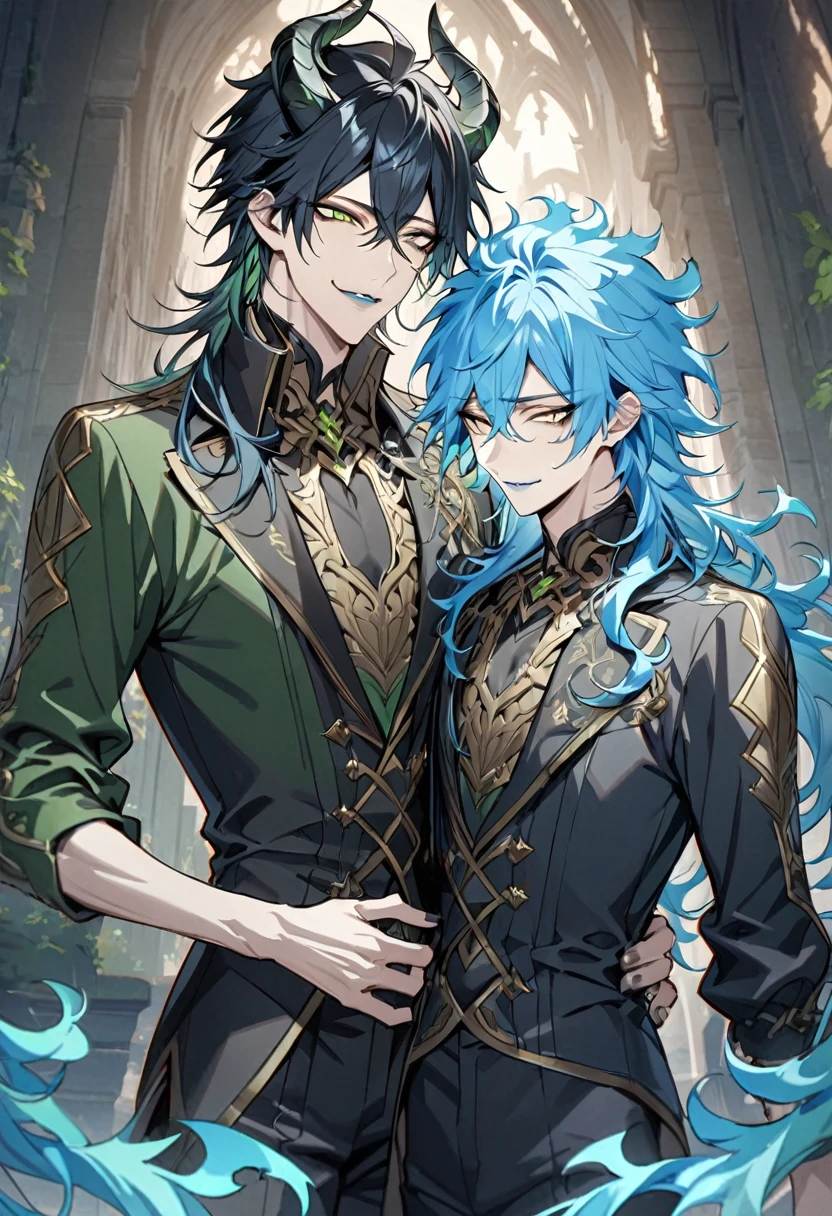 (Masterpiece), (best quality), ((super-detailed)), ultra-detailed face, cowboy shot, a cool boy, good-looking guy, handsome man, masterpiece, best quality, (1nd boy, malleus draconia \(twisted wonderland\) horns, bishounen, boy, male, long hair, black hair, yellow green eyes, smile, gray lips, handsome, skinny, tall, yellow green glow, anime style), (2st boy,Idia Shroud, bishounen, boy, male, extremely long hair, blue hair, blue fire hair, wavy hair, yellow eyes, tired expression, blue lips, handsome, skinny, geeky, blue glow, shark teeth, anime style,) 2boy, bangs, lesbian+, small breast, (looking down at another:1.5), small breasts, late s, (look at each other:1.5), (school uniform), A 18 year old, somewhat muscular male, (Note: The human body should be accurately depicted biologically and anatomically.) Two men are hugging each , looking at viewer,
