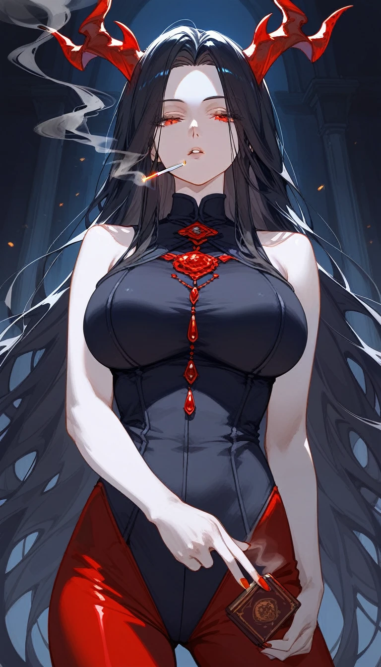 masterpiece, Score_9, Score_8_up, Score_7_up, front view, 1 woman, alone, black hair with red, long hair, parted bangs, dark red eyes, half-closed eyes, parted lips, expressionless, pale skin, large breasts, body suit, black bottom, best quality, horns up, long open bangs, black sleeveless shirt, black V-neck, red baggy pants, high heels, Castlevania, Smoking
