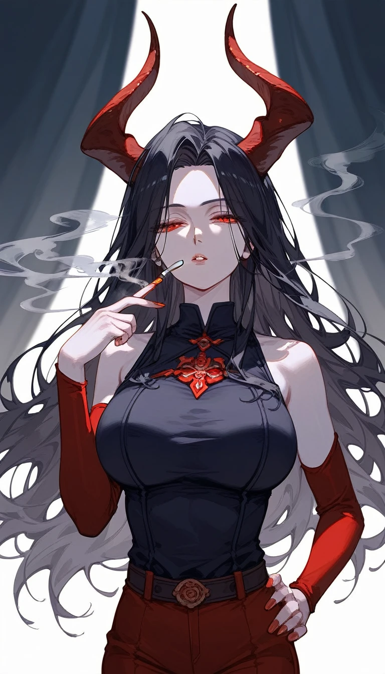 masterpiece, Score_9, Score_8_up, Score_7_up, front view, 1 woman, alone, black hair with red, long hair, parted bangs, dark red eyes, half-closed eyes, parted lips, expressionless, pale skin, large breasts, body suit, black bottom, best quality, horns up, long open bangs, black sleeveless shirt, black V-neck, red baggy pants, high heels, Castlevania, Smoking