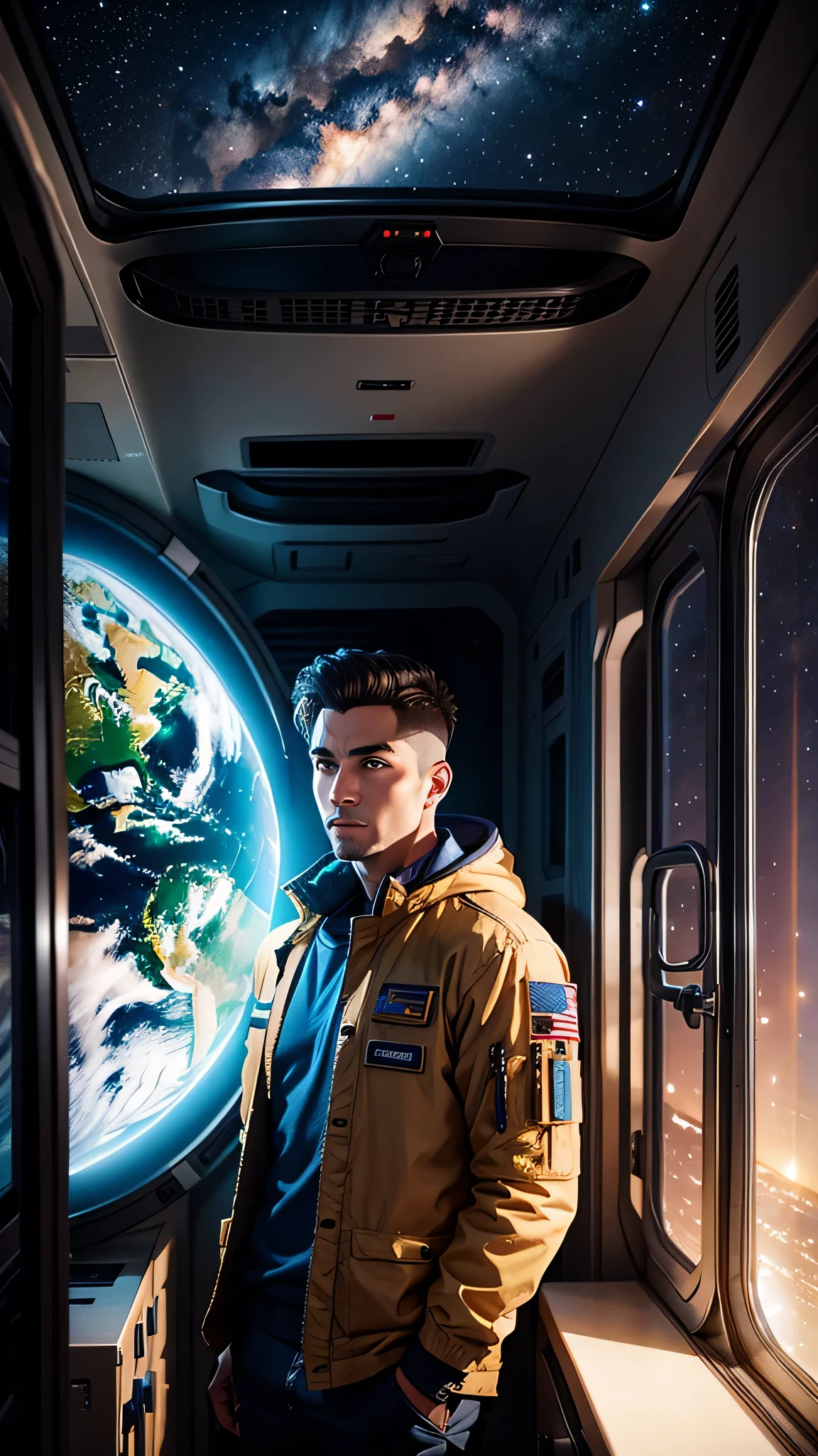 A man standing inside the space station looking out through the window, Outside is the starry sky and a planet that looks exactly like Earth., background space station, Background details