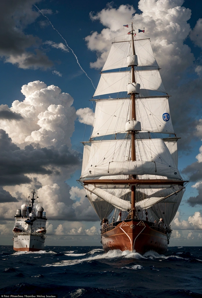 Chrisroph Colomb ships battling fierce storms and treacherous currents in the middle of the Atlantic, with worried sailors