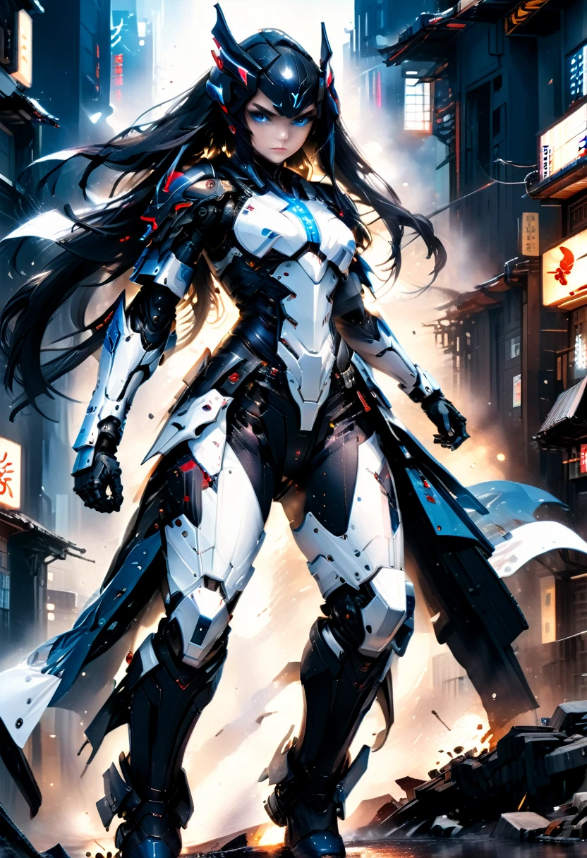 Japanese water color art picture of a mecha samurai woman in cyberpunk city, a mecha samurai woman, exquisite beautiful woman, black hair, long hair, (blue eyes: 1.3), she stands ready to battle, wearing (white mecha armor: 1.3), high heeled boots, she is armed with a (Japanese sword: 1.3), Japanese Cyberpunk city at night, background, (Masterpiece: 1.5), 16k, highres, best quality, high details, ultra detailed, masterpiece, best quality, (extremely detailed), arafed, mecha, drkfntasy