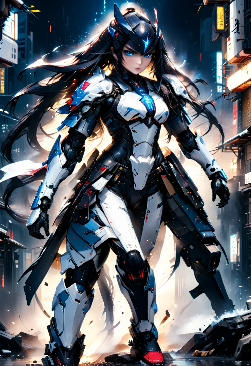 Japanese water color art picture of a mecha samurai woman in cyberpunk city, a mecha samurai woman, exquisite beautiful woman, black hair, long hair, (blue eyes: 1.3), she stands ready to battle, wearing (white mecha armor: 1.3), high heeled boots, she is armed with a (Japanese sword: 1.3), Japanese Cyberpunk city at night, background, (Masterpiece: 1.5), 16k, highres, best quality, high details, ultra detailed, masterpiece, best quality, (extremely detailed), arafed, mecha, drkfntasy