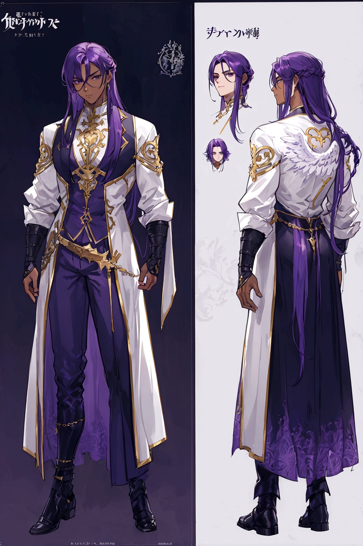 (Masterpiece, best quality), detailed, 1 man, ((character concept art)), ((character design sheet, same character, front, side, back)), full body, body complete, 1 Male, 1 Man, Detailed face, character design sheet，full bodyesbian, Highly detailed, character sheet, character design, Many parts, dark skin, angel wings, long purple hair, angel outfit, muscle male god, male clothes, masculine, muscle man, male muscle, manly, male angel, Muscle male with purple long hair，beautiful man