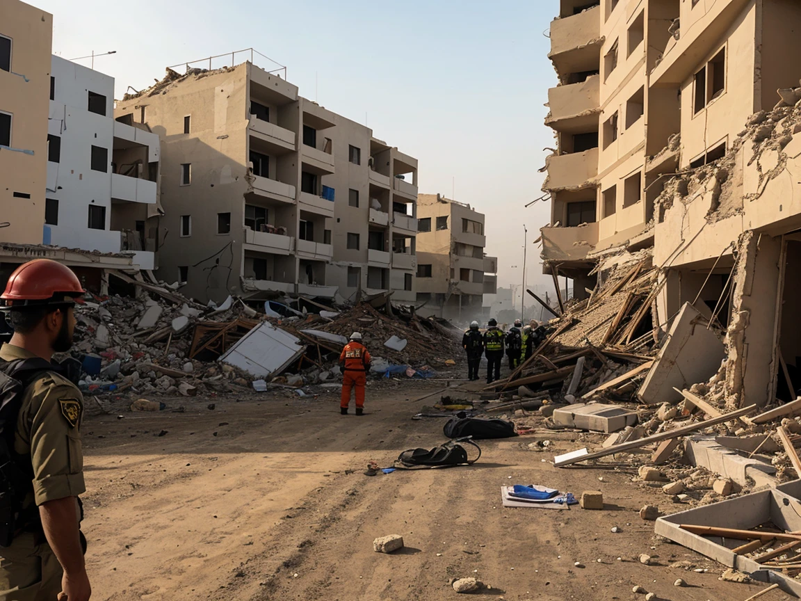 Generate an image depicting a scene from the Al Haouz earthquake crisis. The setting should be a devastated urban area with collapsed buildings and rubble. In the foreground, show emergency response teams and local community members engaging in crisis communication. Include elements like people using radios, mobile phones, and makeshift bulletin boards for information dissemination. The atmosphere should convey urgency and solidarity among the affected individuals and responders. Cinematic lighting, ultra realistic resolution, realistic depth of field .