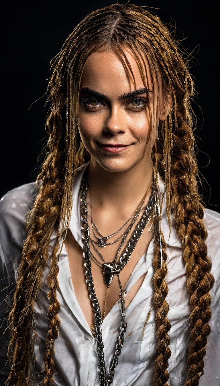 makima with the face of Cara Delevingne. (chainsaw man), best quality, ultra detailed, 1girl, solo, standing, red wet hair, long wet braided hair, golden eyes, wet bangs, medium breasts, white wet shirt, tie, look, smile, (bad: 1.2), dark make up, looking at the viewer, (interview: 1.3), (dark background, chains: 1.3), from above, sharp contrast, beautiful detailed eyes, focus, close up shot