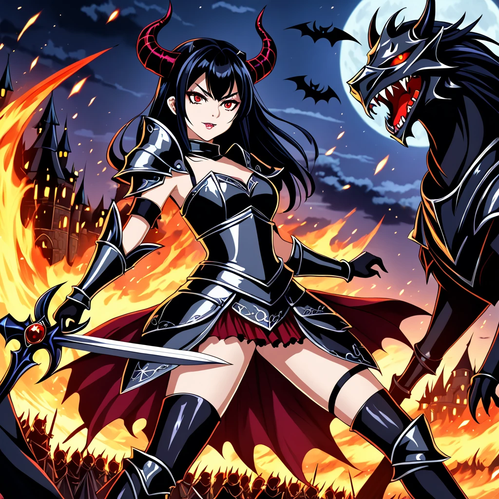  2D anime picture, (anime style 1), girl, ************, sadistic, demoness princess, small demoness horns, beautiful long black hairstyle, in luxury and sexy princess demon knight armor, fight on battlefield with human knight, fantasy, Middle Ages, night 