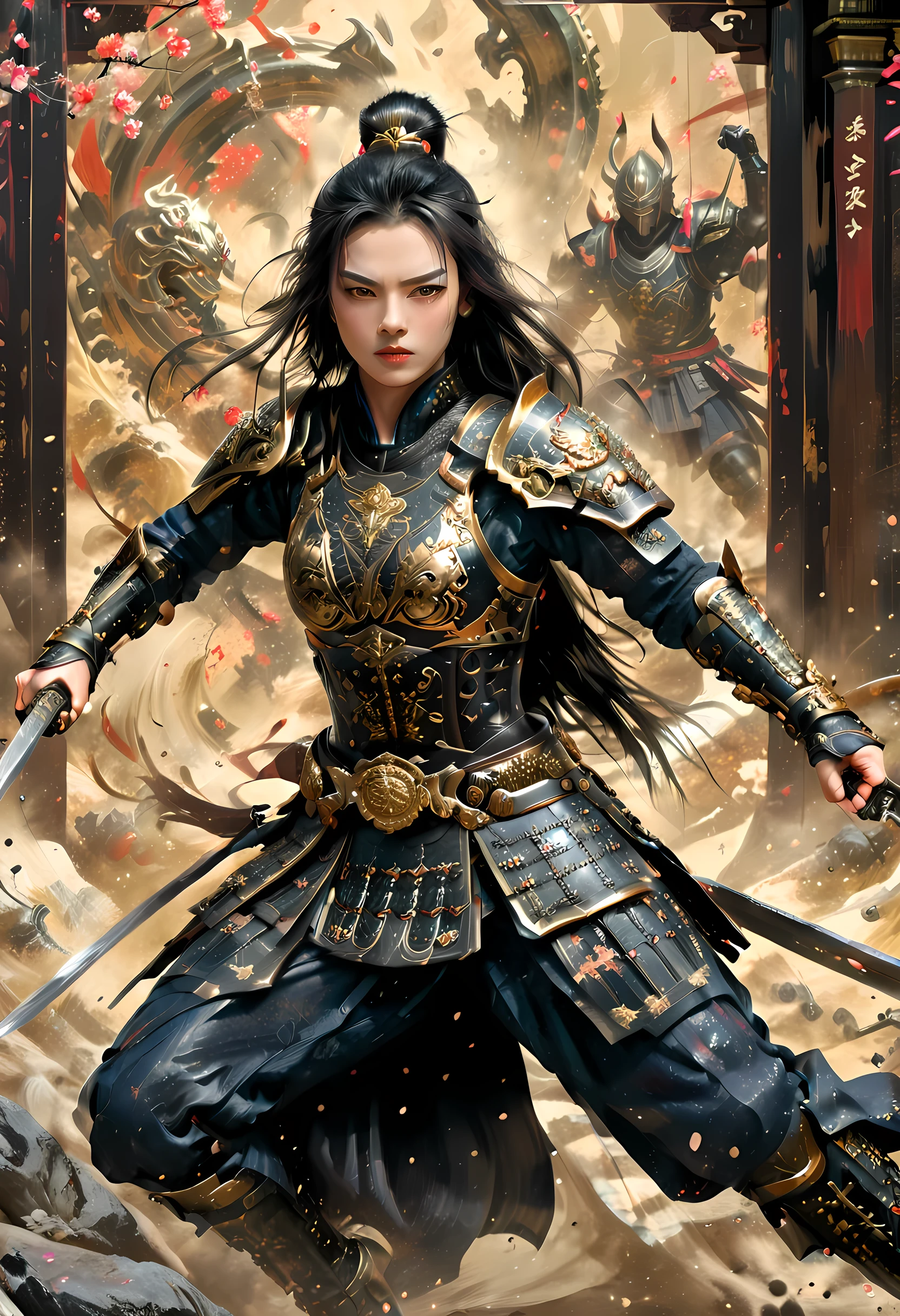a picture of Japanese female samurai, she has long black hair, wearing niji armor, armed with a katana, ready for battle, dynamic angle, full budy, Japanese fantasy art, Japanese temple background, (Masterpiece: 1.5), 16k, highres, best quality, high details, ultra detailed, masterpiece, best quality, (extremely detailed), arafed, dnd art,