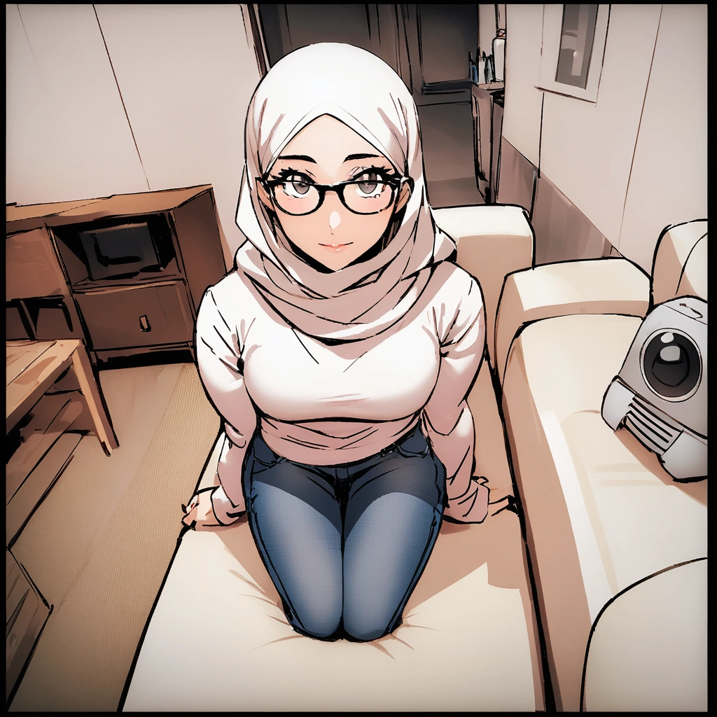 glasses arab girl in straight hijab Jean's pant sitting at sofa security camera view 