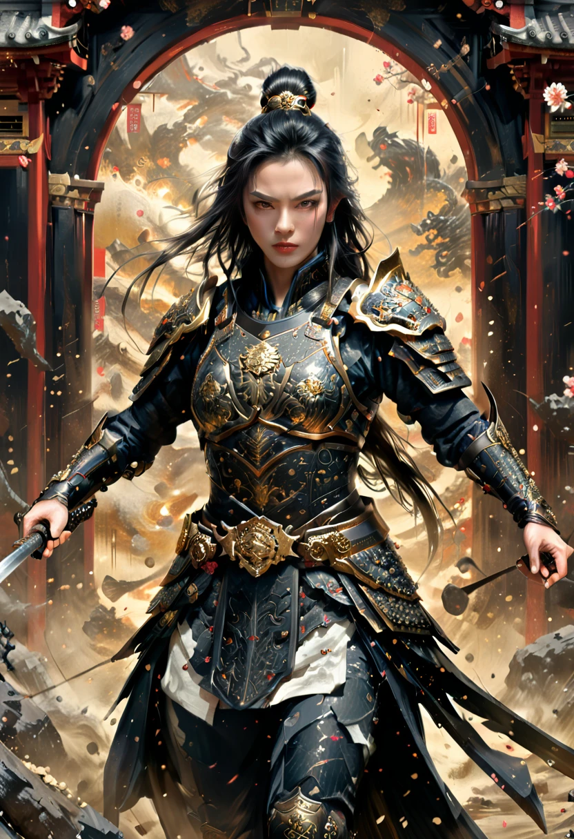 a picture of Japanese female samurai, she has long black hair, wearing niji armor, armed with a katana, ready for battle, dynamic angle, full budy, Japanese fantasy art, Japanese temple background, (Masterpiece: 1.5), 16k, highres, best quality, high details, ultra detailed, masterpiece, best quality, (extremely detailed), arafed, dnd art,