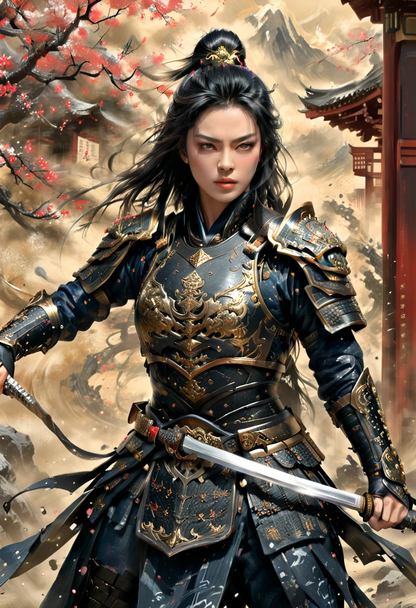 a picture of Japanese female samurai, she has long black hair, wearing niji armor, armed with a katana, ready for battle, dynamic angle, full budy, Japanese fantasy art, Japanese temple background, (Masterpiece: 1.5), 16k, highres, best quality, high details, ultra detailed, masterpiece, best quality, (extremely detailed), arafed, dnd art,