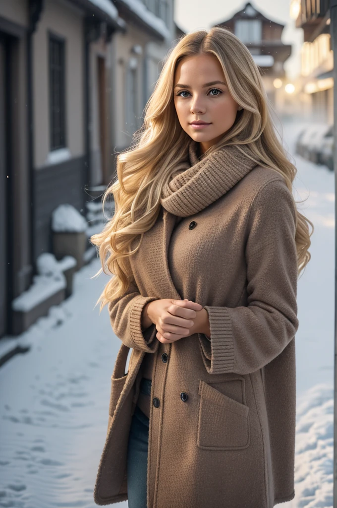 proFessional portrait photograph oF a gorgeous Norwegian girl in winter clothing with long wavy blonde hair, sultry Flirty look, gorgeous symmetrical Face, lindo maquillaje natural, wearing elegant warm winter Fashion clothing, ((parado afuera en una calle nevada de la ciudad)), impresionante entorno urbano moderno, ultra realista, arte conceptual, elegant, muy detallado, Intrincado, sharp Focus, depth oF Field, F/1. 8, 85mm, Tiro medio, plano medio, (((proFessionally color graded))), bright soFt diFFused light, (volumetric Fog), tendencia en instagram, hdr 4k, 8k