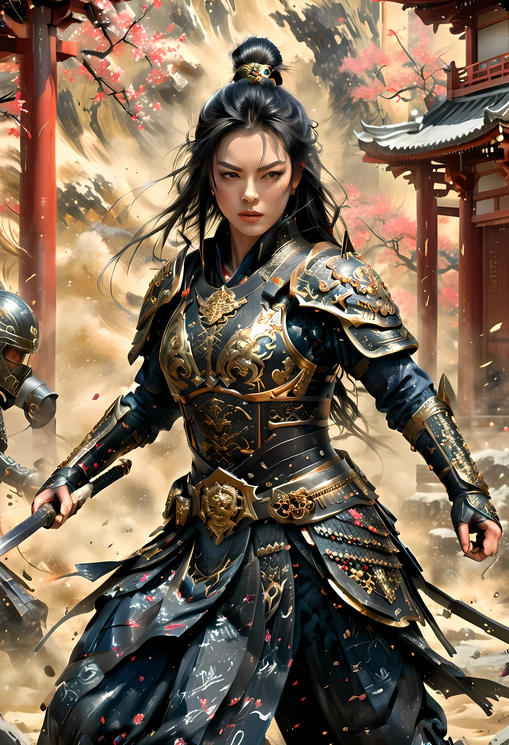 a picture of Japanese female samurai, she has long black hair, wearing niji armor, armed with a katana, ready for battle, dynamic angle, full budy, Japanese fantasy art, Japanese temple background, (Masterpiece: 1.5), 16k, highres, best quality, high details, ultra detailed, masterpiece, best quality, (extremely detailed), arafed, dnd art,