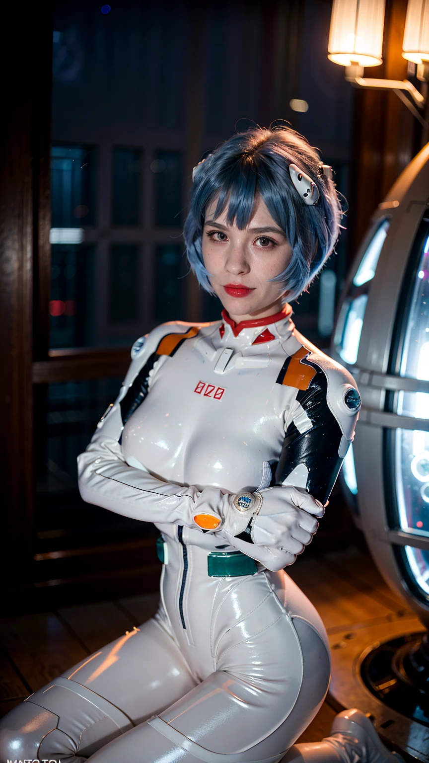 (masterpiece), (best quality), (red eyes), (epiCRealLife), (red lipstick),(cleavage), (j4nu4ryj0n3s) (young woman), (European Model), (Plugsuit), (ayanami_rei plugsuit), interface headset, white bodysuit),(white gloves) (red eyes), (blue hair), (medium breasts),(flash photography), (natural lights), (ample lights),( light smile), (pose for picture), (white gloves), (light smile),  (lying on the space bed), (space station lobby), (kneeling poses), (spaceship cockpit), (galaxy scenery), 