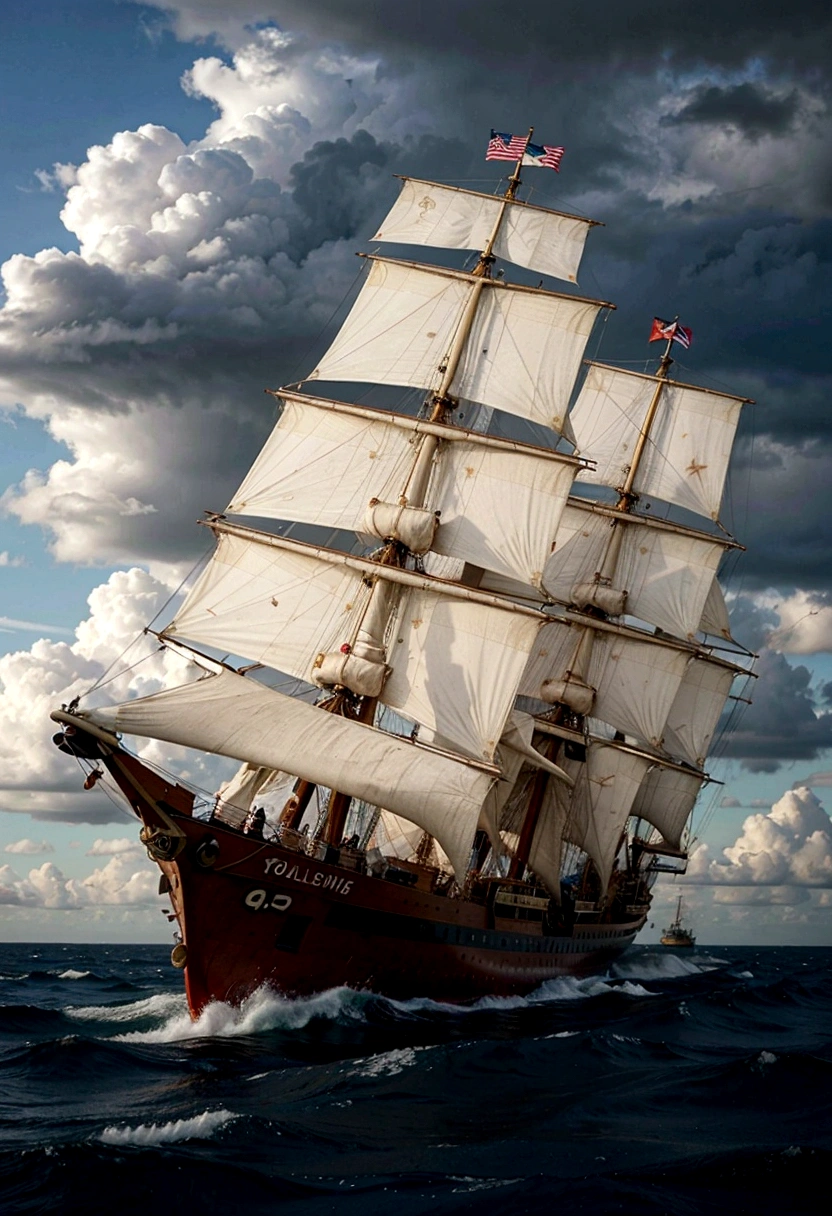 Chrisroph Colomb ships battling fierce storms and treacherous currents in the middle of the Atlantic, with worried sailors