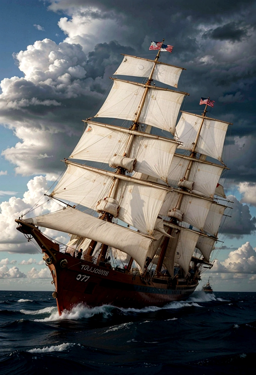 Chrisroph Colomb ships battling fierce storms and treacherous currents in the middle of the Atlantic, with worried sailors