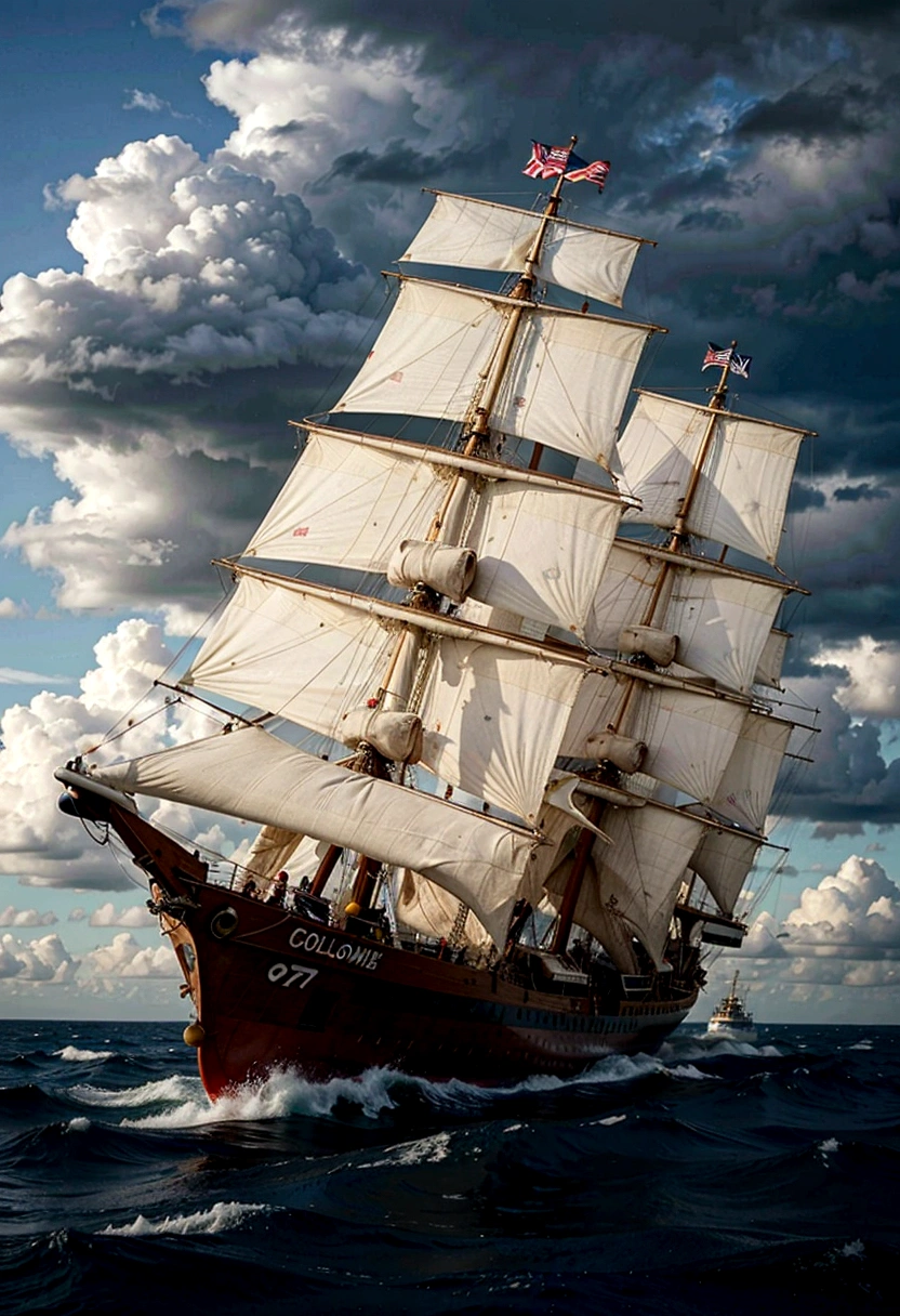 Chrisroph Colomb ships battling fierce storms and treacherous currents in the middle of the Atlantic, with worried sailors