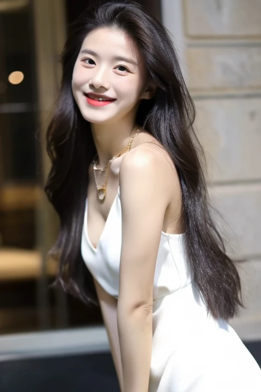 ((best quality)), ((masterpiece)), (detailed), 1girl , beautiful straight black long hair , beautiful smile , sexy pose , standing position , wearing revealing white dress , perfect body , short female , luxury golden necklace , luxury bracelets , white dress , full body picture