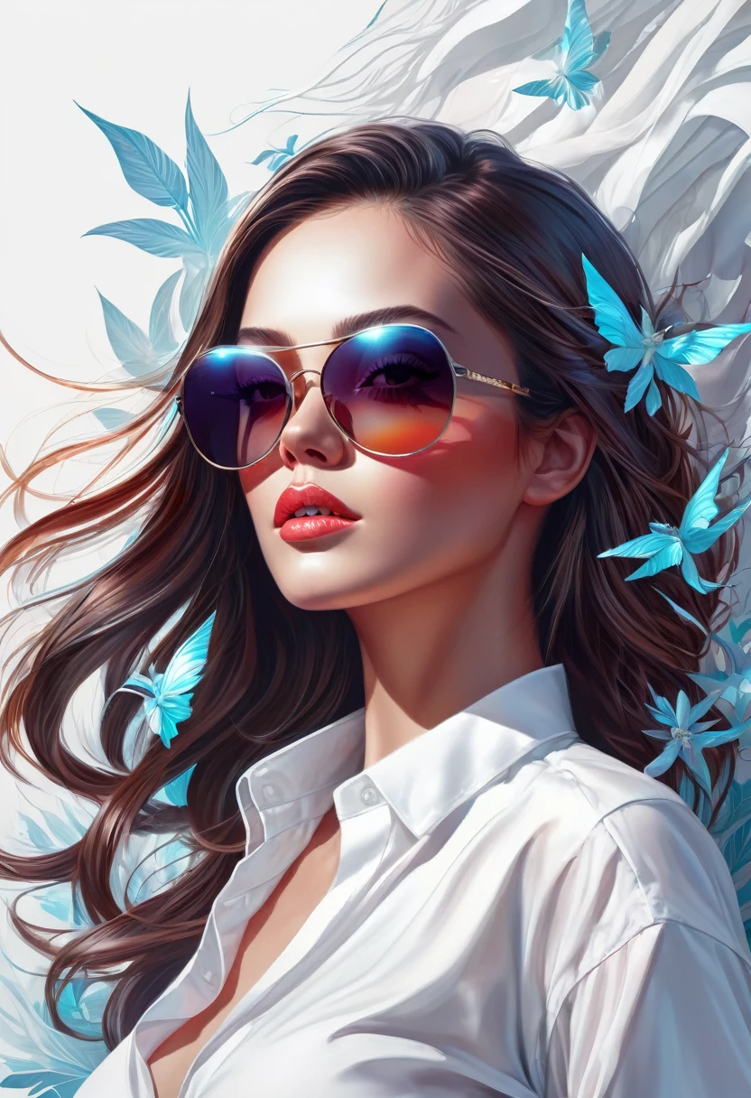 A stunning digital illustration of a woman with sunglasses and a white shirt, inspired by the works of rossdraws. This piece will showcase a close-up of the woman's face, with intricate details on her sunglasses and the folds of her shirt. The digital rendering will be in a unique and creative style, incorporating elements of both realism and fantasy.
