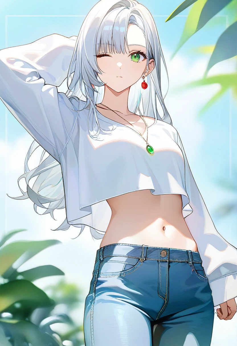 1girl, arm behind head, arm up, asymmetrical bangs, closed mouth, cowboy shot, crop top, denim, earrings, expressionless, green eyes, jeans, long hair, long sleeves, looking at viewer, midriff, navel, one eye closed, pants, pendant, sleeves past wrists, solo, stomach, white hair, (beautiful color, amazing quality)