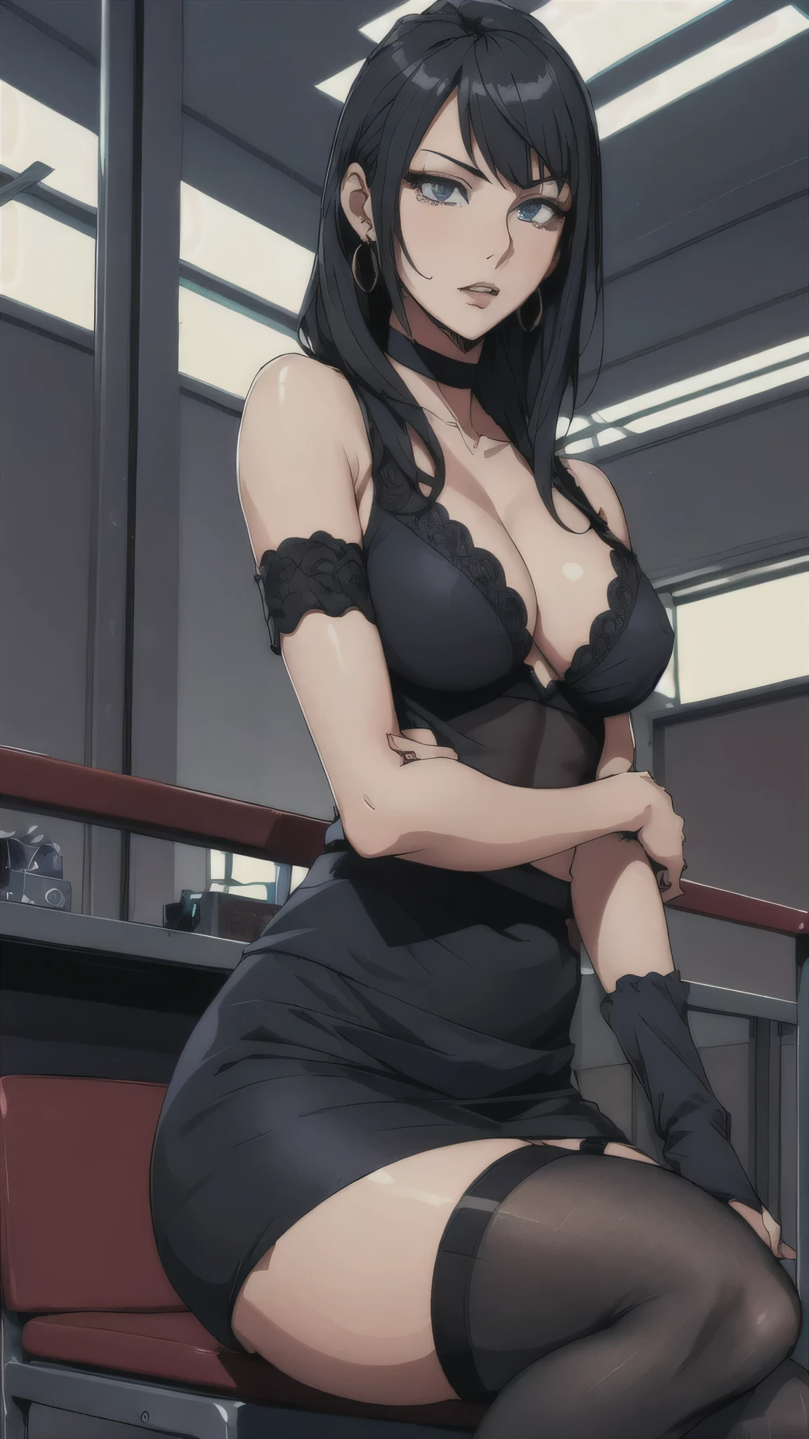 ((Crossing your legs))、(In-house)、((machine))、suit,Office Lady Cosplay, ((mini skirt)), ((Long Hair)),Ultra-high resolution, Mature Woman, Very detailed,Perfect hands, Detailed fingers, Beautiful fine details,Black choker, Earrings,(garter belt), (Black Stockings),Perfect Eyes, Seductive eyes, 