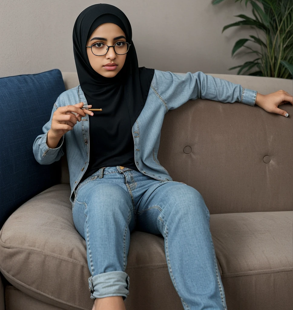 glasses arab girl in straight hijab Jean's pant sitting at sofa smoking cigarette holding cigarette 