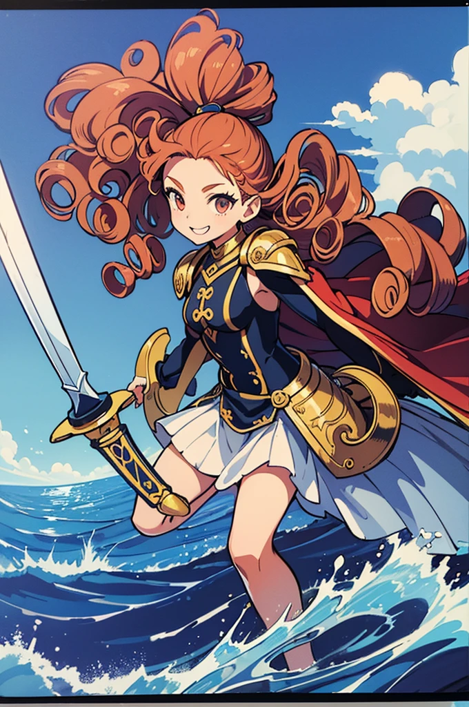 One Girl、Perfect functionality, (masterpiece), (Highest quality:1.4), High resolution、low length、13 years old、A cheerful smile、Wavy long hair, (Curly Hair:1.4), 豊かなCurly Hair, ponytail、Bikini Armor、Plein Air、(whole body:1.4)、Standing posture、sword, Cape, Sexy pose