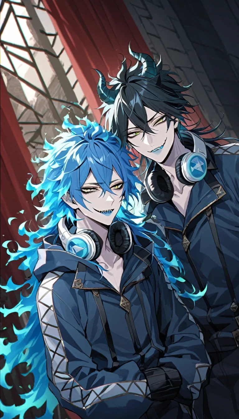 masterpiece,best quality,ultra detail,high resolution,4k,perfect anatomy,ultra high res,absurd resolution,absurd detailed, masquerade, beautiful 2boys, smug face, boys love, bromance, yaoi, luxurious bedroom, red curtain, red roses, fluttering petals, dramatic lighting, backlight, dutch angle, chromatic aberration, depth of field --s 400 --niji 6 --style raw, (1nd boy, malleus draconia \(twisted wonderland\) horns, bishounen, boy, male, yana Toboso style, long hair, black hair, yellow green eyes, smile, gray lips, handsome, skinny, tall, yellow green glow, gothic anime style), (2st boy,Idia Shroud, bishounen, boy, male, yana Toboso style, extremely long hair, blue hair, blue fire hair, wavy hair, yellow eyes, tired expression, blue lips, handsome, skinny, tall, geeky, blue glow, shark teeth, gothic anime style,) looking at viewer,twst_idia, oversize jacket, blue jacket, long sleeves, ornament on the sleeves, hood, blue hair, fiery hair, messy hair, long hair, yellow eyes, bags under eyes, thin eyebrows, blue lips, sharp teeth, pale skin, headphones around neck, white headphones,,AddXL