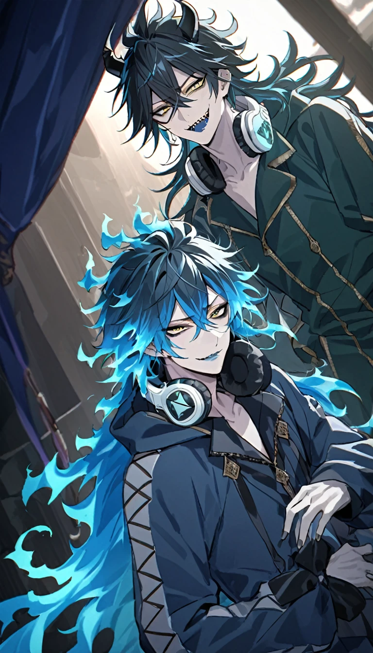 masterpiece,best quality,ultra detail,high resolution,4k,perfect anatomy,ultra high res,absurd resolution,absurd detailed, masquerade, beautiful 2boys, smug face, boys love, bromance, yaoi, luxurious bedroom, red curtain, red roses, fluttering petals, dramatic lighting, backlight, dutch angle, chromatic aberration, depth of field --s 400 --niji 6 --style raw, (1nd boy, malleus draconia \(twisted wonderland\) horns, bishounen, boy, male, yana Toboso style, long hair, black hair, yellow green eyes, smile, gray lips, handsome, skinny, tall, yellow green glow, gothic anime style), (2st boy,Idia Shroud, bishounen, boy, male, yana Toboso style, extremely long hair, blue hair, blue fire hair, wavy hair, yellow eyes, tired expression, blue lips, handsome, skinny, tall, geeky, blue glow, shark teeth, gothic anime style,) looking at viewer,twst_idia, oversize jacket, blue jacket, long sleeves, ornament on the sleeves, hood, blue hair, fiery hair, messy hair, long hair, yellow eyes, bags under eyes, thin eyebrows, blue lips, sharp teeth, pale skin, headphones around neck, white headphones,,AddXL