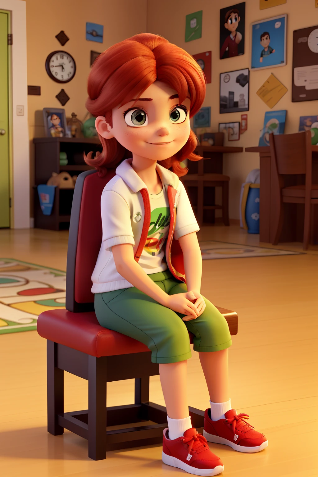 Uncover the scene of a young family, com um forte ar de Ben 10, ao redor de uma mesa de jantar. O nome "Ben 10" is highlighted in the background like a mural, with several figures of familiar characters alongside. O pai, with a red coat and hair tied up, sedia a filha mais velha, which bears a very marked resemblance to the original Ben. The mother, sitting on your left, segura Gwen, which has a delicate and elegant design. The brother