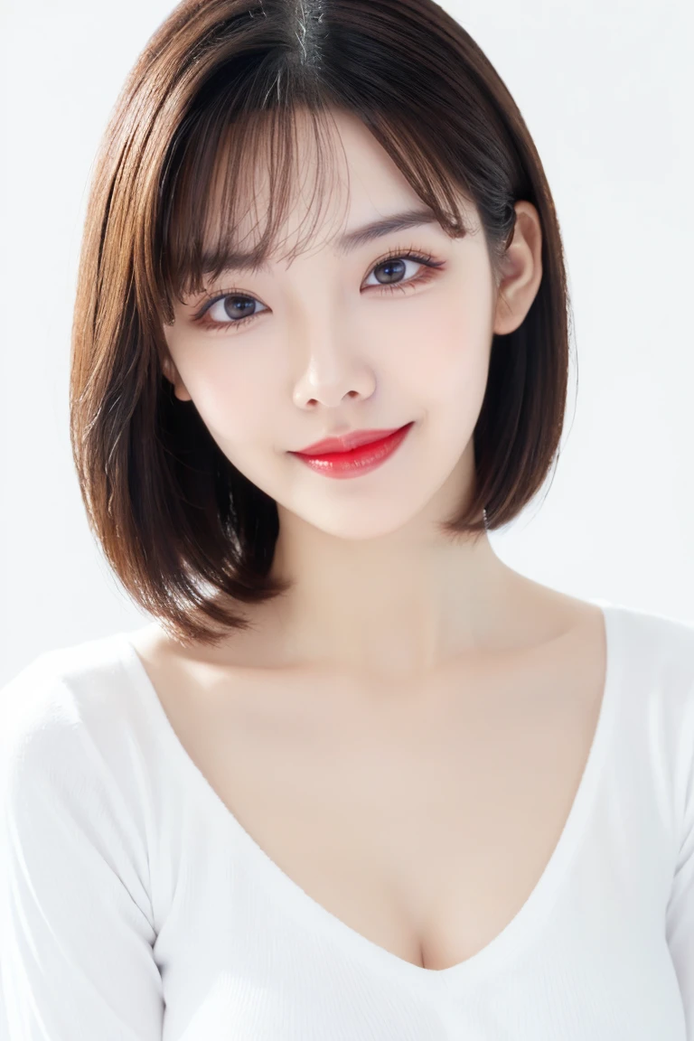 (Highest quality、Tabletop、8k、Best image quality、Award-winning works)、Cute beauty、(Short Bob Hair:1.1)、(White fitted V-neck long sleeve knit:1.2)、(Close-fitting V-neck long-sleeve knit:1.1)、(The simplest pure white background:1.6)、(Face close-up:1.3)、(Very large breasts:1.1)、Accentuate your body lines、Beautiful and exquisite、Look at me and smile、(look straight at me:1.1)、(Perfect Makeup:1.1)、Bright lipstick、Ultra-high definition beauty face、Ultra HD Hair、Ultra HD Shining Eyes、Ultra High Resolution Perfect Teeth、Super high quality glossy lip、Accurate anatomy、Very beautiful skin、Pure white skin shining in ultra-high resolution、An elegant upright posture when viewed from the front、(Very bright:1.2)