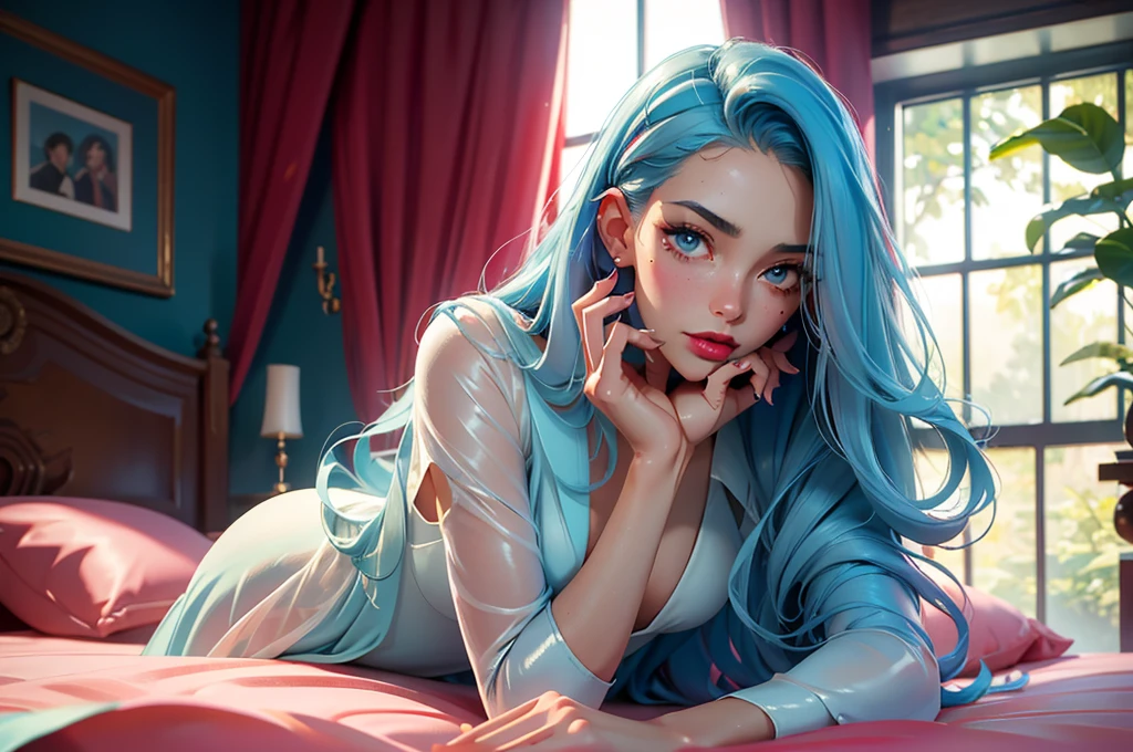 Best quality, Masterpiece, Portrait, Perfect anatomy, Femininity, Cool, Flawless, , Solo, y, Stylish, Matong light blue hair, Mole above lip, Red lipstick, Water drops, Sweat, Wet, Transparent dove sexy dresin the room he lies on the bed and looks at the phone in his hand