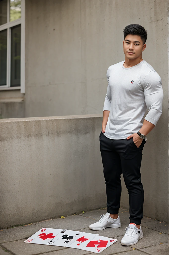 Wonderland, cards of various sizes, coins of various sizes, a young man aged 20, muscular Asian man, dashing and cool, wearing casual clothes and trousers, sports shoes,