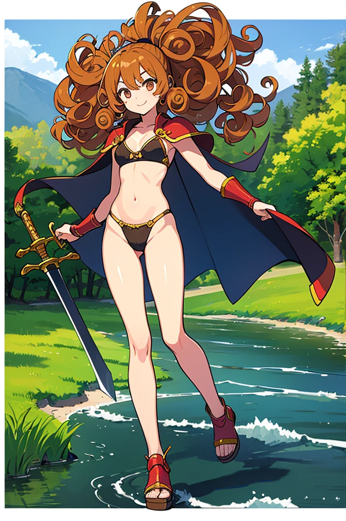 One Girl、Perfect functionality, (masterpiece), (Highest quality:1.4), High resolution、low length、11 years old、A cheerful smile、Wavy long hair, (Curly Hair:1.4), 豊かなCurly Hair, ponytail、Bikini Armor、Plein Air、(whole body:1.4)、Standing posture、sword, Cape, Sexy pose