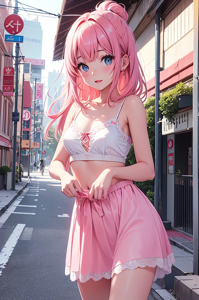 hight resolution, top-quality, ultra-quality, The ultra-detailliert, lighting like a movie、White camisole、a heer nipples 、In the street、1girl in,Colossal 、Exposing the chest、Skirt Lift Up、Small pink panties、