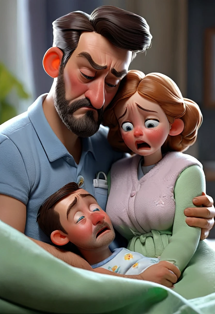 Sick father with his wife at his side crying with his baby in his arms